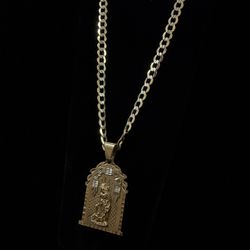 22” 10k 21.6G Cuban Link Chain, Two Tone With Nice Decorative Catholic Pendant