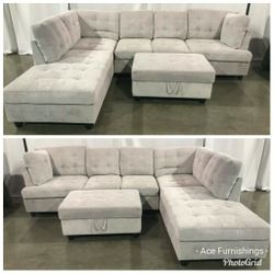 Brand New Gray Chenille Fabric Sectional With Storage Ottoman 