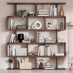 Set of 2 Geometric Bookcase, S-Shaped Modern Bookshelf, Room Divider Bookshelf, 62" Tall Unique Abstract Bookcase with 5-Tier Display Shelf for Living
