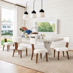 Mid Century Modern T-Backrest Dining Chair Beige Fabric Upholstered Solid Wood Frame Accent Dinning Chair Set of 4