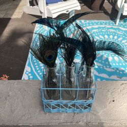 Nice Basket With Jars And Peacock Feathers 