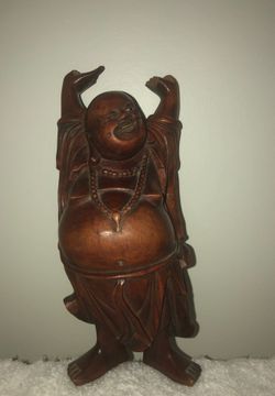 Old China temple boxwood wood carved happy laughing Maitreya Buddha statue