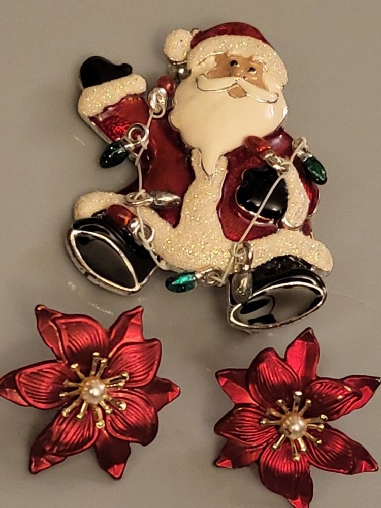 Santa Brooch And Poinsettia EARRINGS