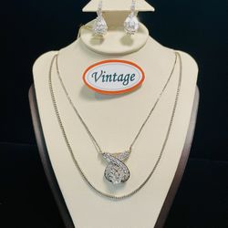 14K White Gold & Diamonds Vintage Necklace & Earrings