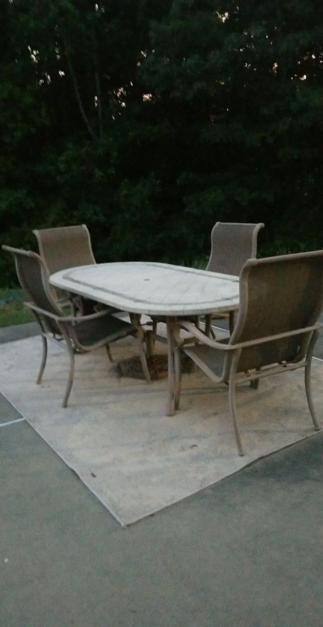 Stone Top & Metal Patio Table, Chairs & Umbrella Base 