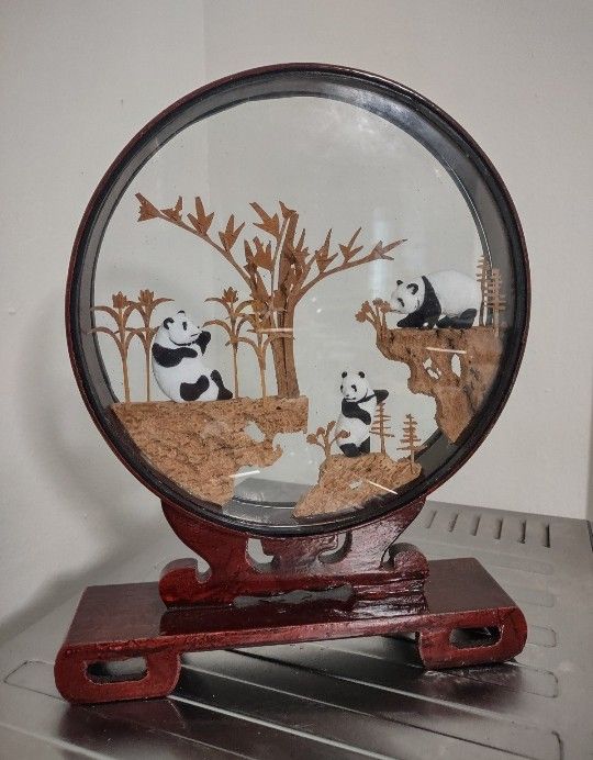 Vintage Chinese Cork Diorama with Panda Bears - Carved Cork Diorama - 11" H x 9"