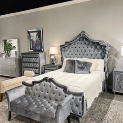 Incredible Bedroom set features crystal-like accents in the button tufting and gorgeous nailhead trim