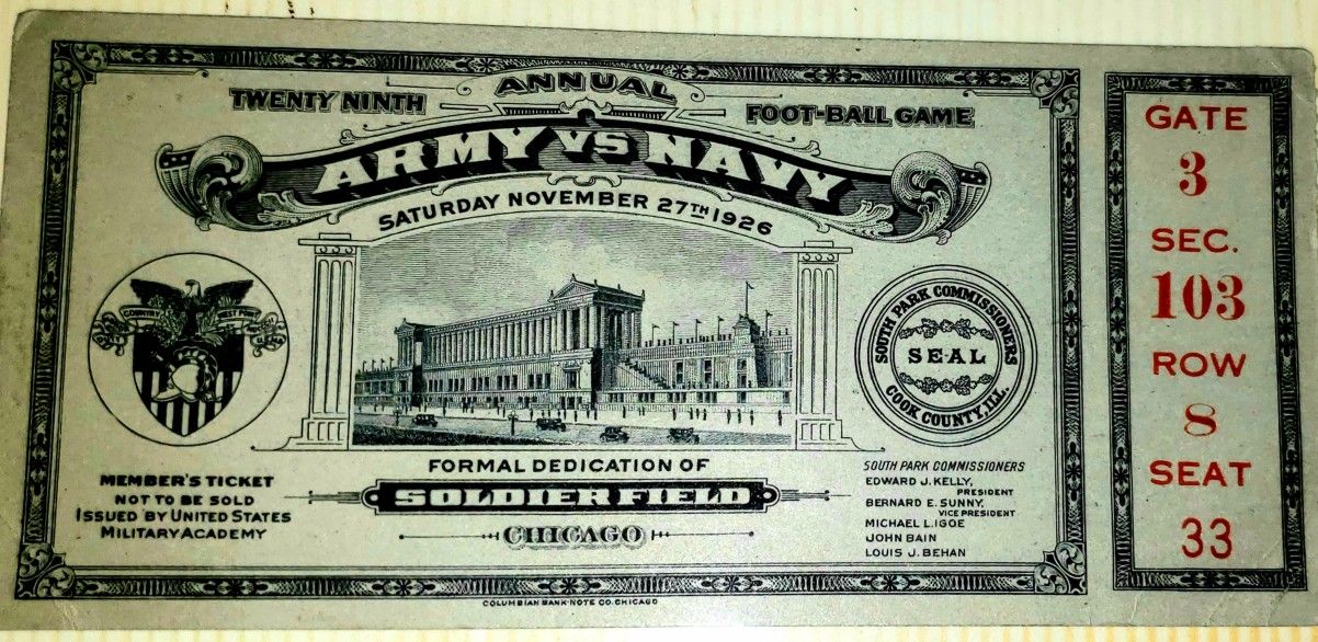 Soldier Field Dedication Game Ticket Stub. Army Vs Navy Nov 27 1926