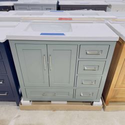 Brand New Beautiful Bathroom Vanity “36” single sink, Soft Close Solid Wood in Sage Green Color, 5 drawers and 2 doors and modern handles  $579 