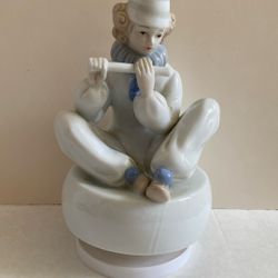 VTG Meico Porcelain Clown Playing Flute  On Revolving Music Box 