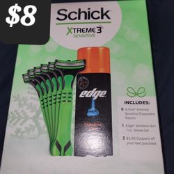 SCHICK XTREME3 SENSITIVE Gift Set Includes 6 SCHICK XTREME3 DISPOSABLE RAZORS & 1 Edge (7oz) Gel Shave Gel  For $8