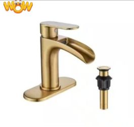 FORIOUS Waterfall Single Handle Bathroom Faucet with Metal Pop-up Drain, Bathroom Sink Faucet Gold in Bathroom