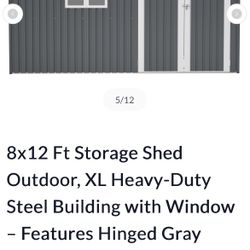 8x12 Ft Storage Shed Outdoor, XL Heavy-Duty Steel Building with Window – Features Hinged Gray Doors & 4 Air Vents for Backyard, Garden, Patio (Gray)