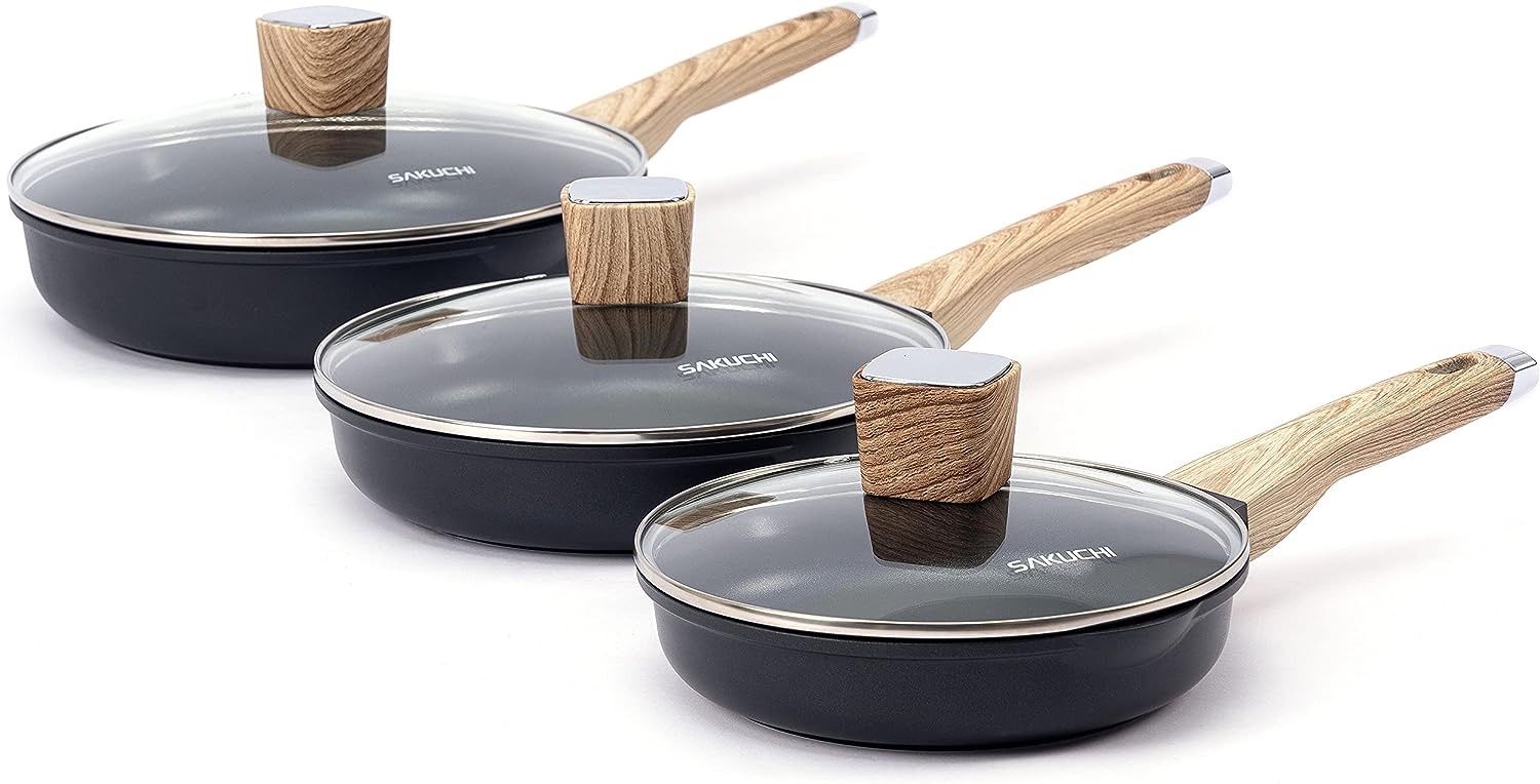 Sakuchi Nonstick Frying Pan Set with Lids, Skillets Egg Omelette Pancakes Pans 6-Piece, 8 inch / 9.5 inch / 11 inch Pan Set