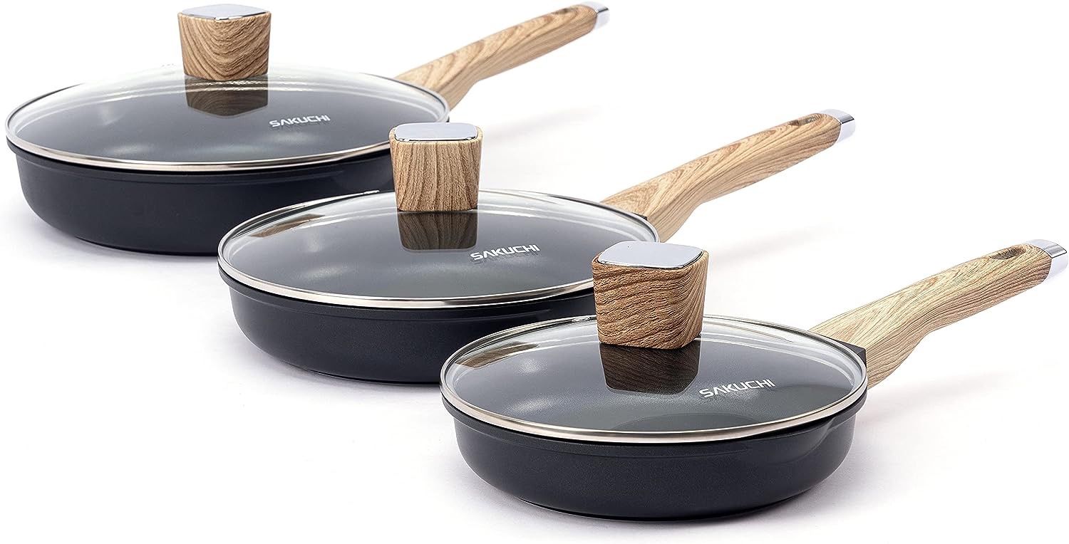 Sakuchi Nonstick Frying Pan Set with Lids, Skillets Egg Omelette Pancakes  Pans 6-Piece, 8 inch / 9.5 inch / 11 inch Pan Set for Sale in Monterey  Park, CA - OfferUp