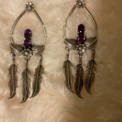 Solid Sterling Silver Tribal Earrings With Amethyst Gems