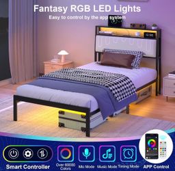 12” Twin Bed Frames with LED Lights & Charging Station, Metal Platform Frame with Upholstered Headboard, No Box Spring Needed, Noise Free, Easy Assemb