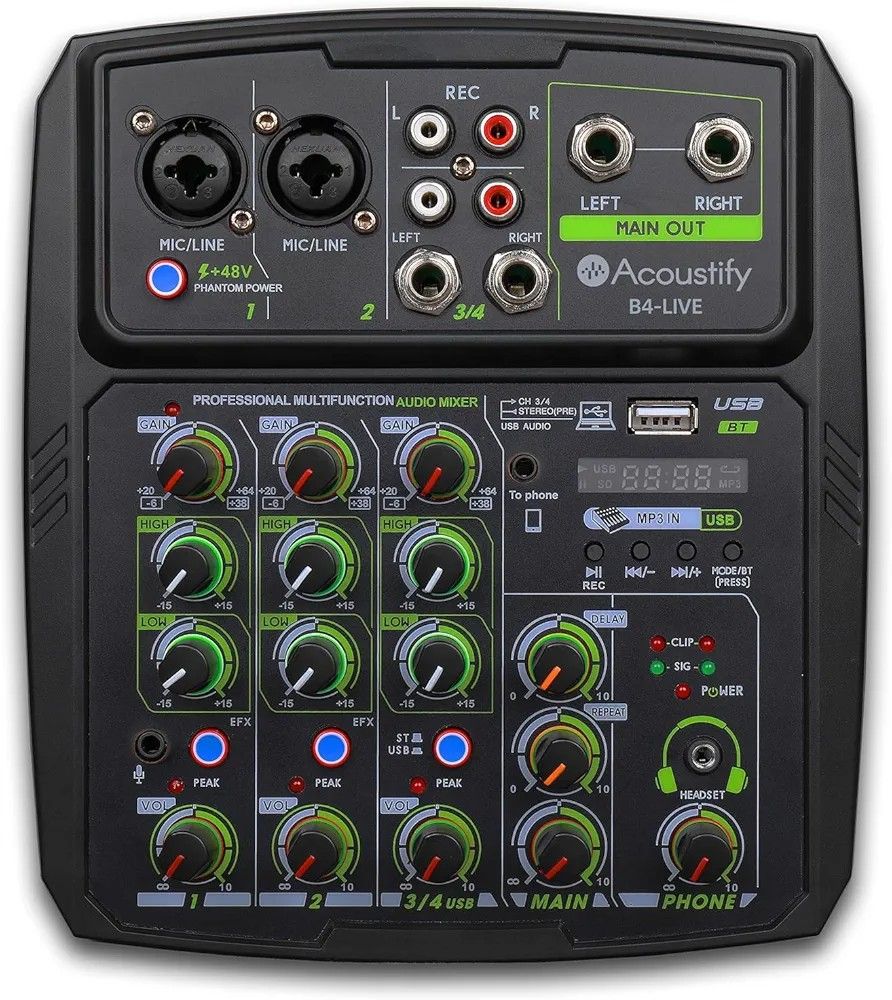 B4-Live 4-Channel DJ Mixer with Bluetooth, USB Playback, Recording, 48V Phantom Power, and Effects – Professional DJ Audio Mixer for Live Sound, Podca