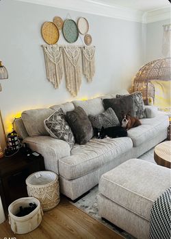 Large Beige Sofa + Ottoman + Throw Pillows