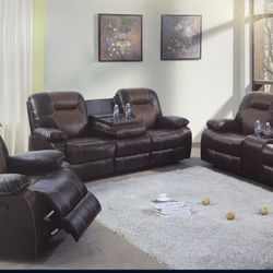 Large Soft And Comfortable Brown Leather Reclining Couch Set