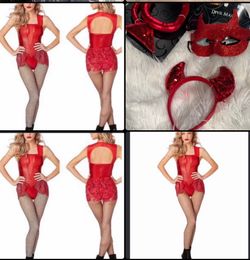 Adult Red Leather Lace Bodysuit & accessories