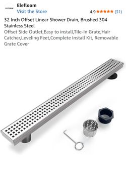32 Inch Offset Linear Shower Drain, Brushed 304 Stainless Steel