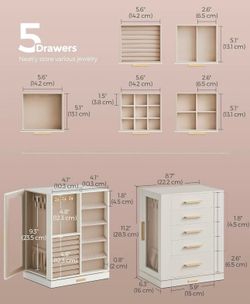 SONGMICS Jewelry Box 360° Rotating Storage Case w/ 5 Drawers Glass Window - Cloud White