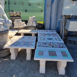 Concrete Mosaic Straight Benches / Cement Backyard Garden Patio Bench / Outdoor Patio Furniture