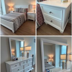 Ashley Queen Bedroom Set + Mattress, 2 Nightstands, and Dresser with Mirror (Excellent Condition - 2 Years Old)