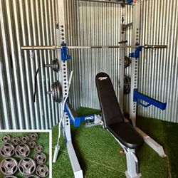 Complete Home Gym Squat Rack + 300 Lbs Olympic Weight Set + FID Bench + Pulley System + EZ Curl Bar   