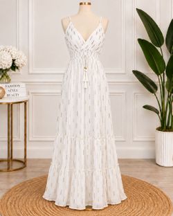 White Gold Print Tiered Maxi Dress  One size xs to L