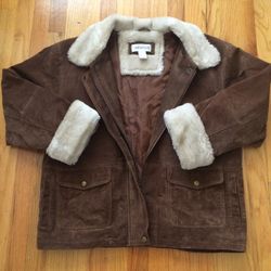 Women’s Charles Klein Suede Leather Jacket With Fur Cuffs And Collar Size M