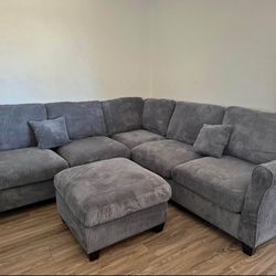 BRAND NEW DARK GREY CORDUROY SECTIONAL SOFA WITH OTTOMAN (NEW IN BOXES)