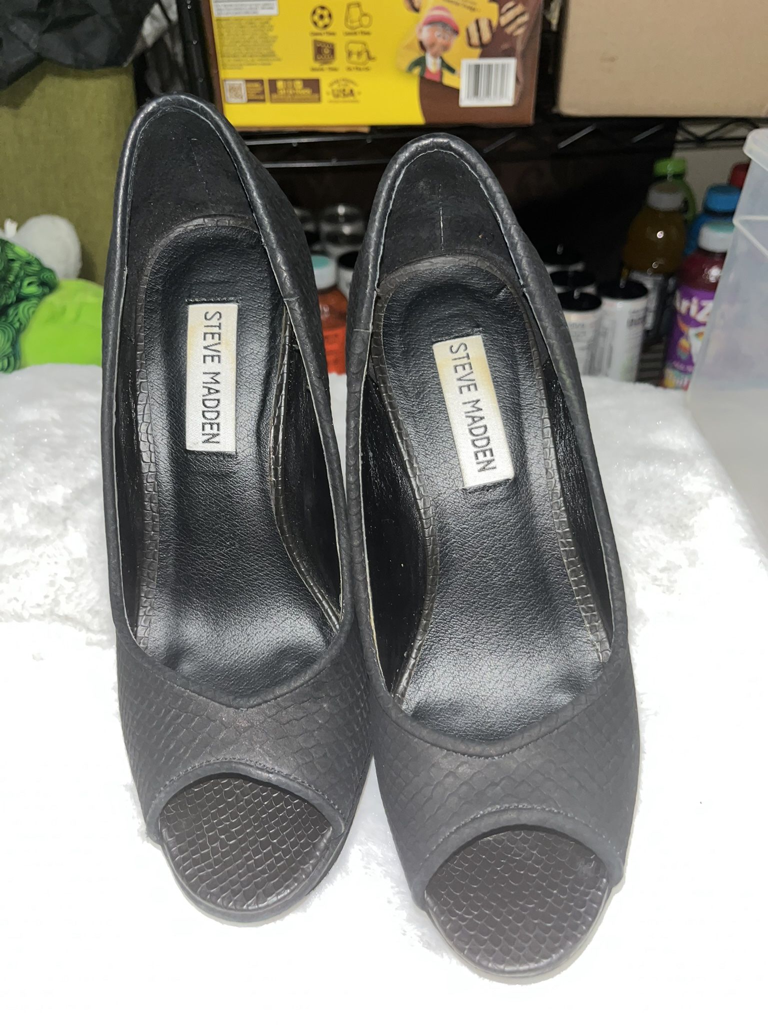 Steve Madden ALIAS Black Taupe Multi Open Peep Toe Heels Pumps