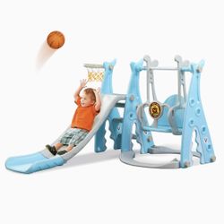 Toddlers Slide and Swing Set 4 in 1 Kids Freestanding Climber Slide Playset for Boys Girls with Basketball Hoop Extra Long Slide Easy Set Up Baby Play