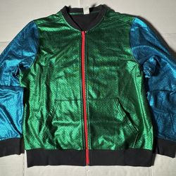 Pre Owned Excellent  Zumba Wear Fitness Bomber Jacket  Metallic  Printed Embroidered  Green Blue Red  Women  Size 2XL