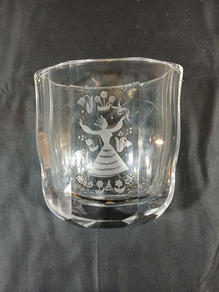 Orrefors Oval Crystal Vase Etched Girl Dancing With Birds And Flowers Signed Numbered