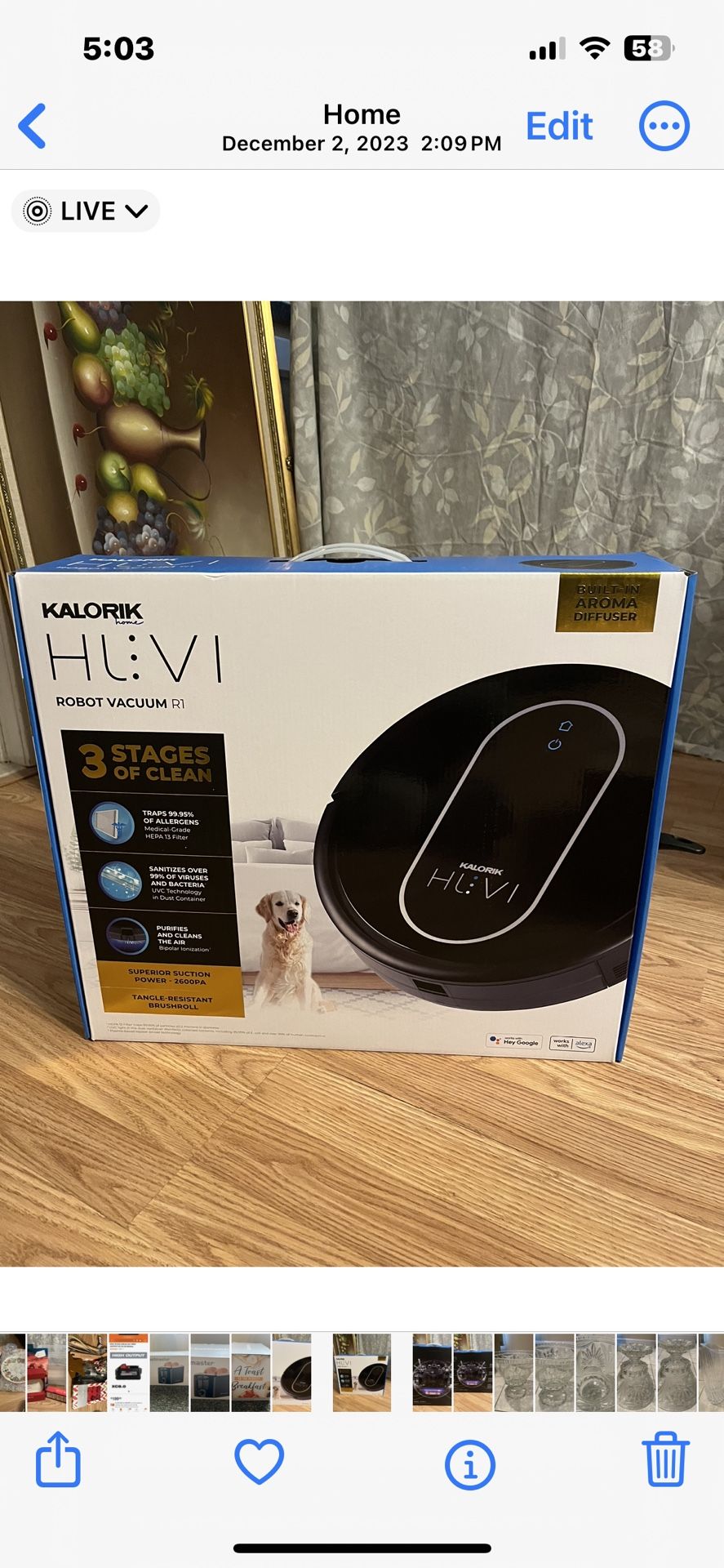 75% OFF NEW FACTORY SEALED KALORIK HUVI ROBOTIC VACUUM.  BUILT IN AROMA DIFFUSER.  GREAT GIFT. 🔥🎄🎄.  RETAIL $666.99!! 1 YEAR WARRANTY   ONLY $199🔥