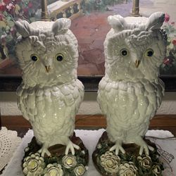 Rare Italian Antique Porcelain OWL Lamps 
