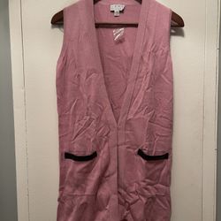 Long Sweater Vest Pink With Faux Leather Trimm Size XXS. By Joan Rivers