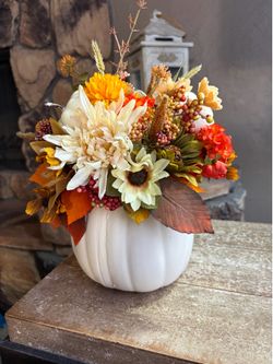 Ht-12in width-13in HANDMADE artificial Fall arrangement on white pumpkin