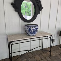 Outdoor Metal Console Table with Fossil Stone Marble Top