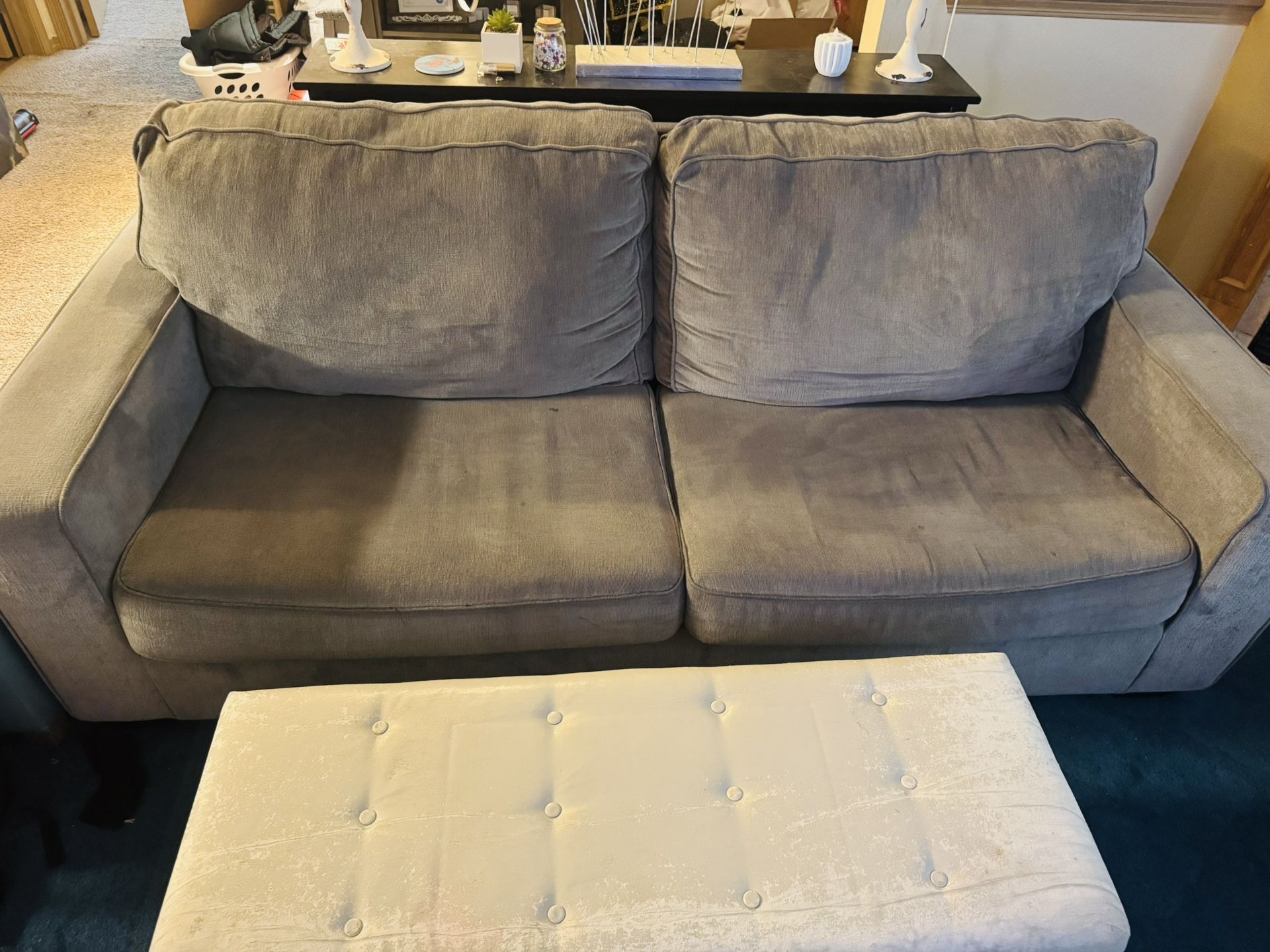 Grey Loveseat & Cream Ottoman