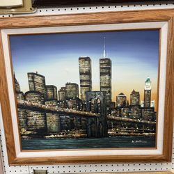 M.Austin Twin Towers New York Oil Painting on Canvas Signed by Artist 25x28.5