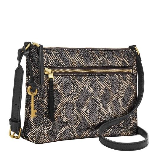 Fossil Crossbody Bag Purse. Brand New With Tags. Authentic. Black Silver Snake. Women's Handbag