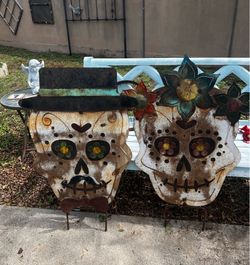 Handmade Metal Catrina Sugar Skull Day of the Dead Calavera Sign | Mexican Yard Art Garden Decor | Artisan Made | Lawn DECOR METAL ART