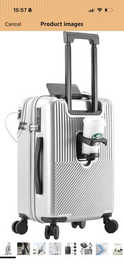 Carry on Suitcase with USB Charging Port and Cup Holder, PC+ABS Hardshell Lightweight Durable Luggage Trolley Luggage Travel Case with 360° Spinner Wh