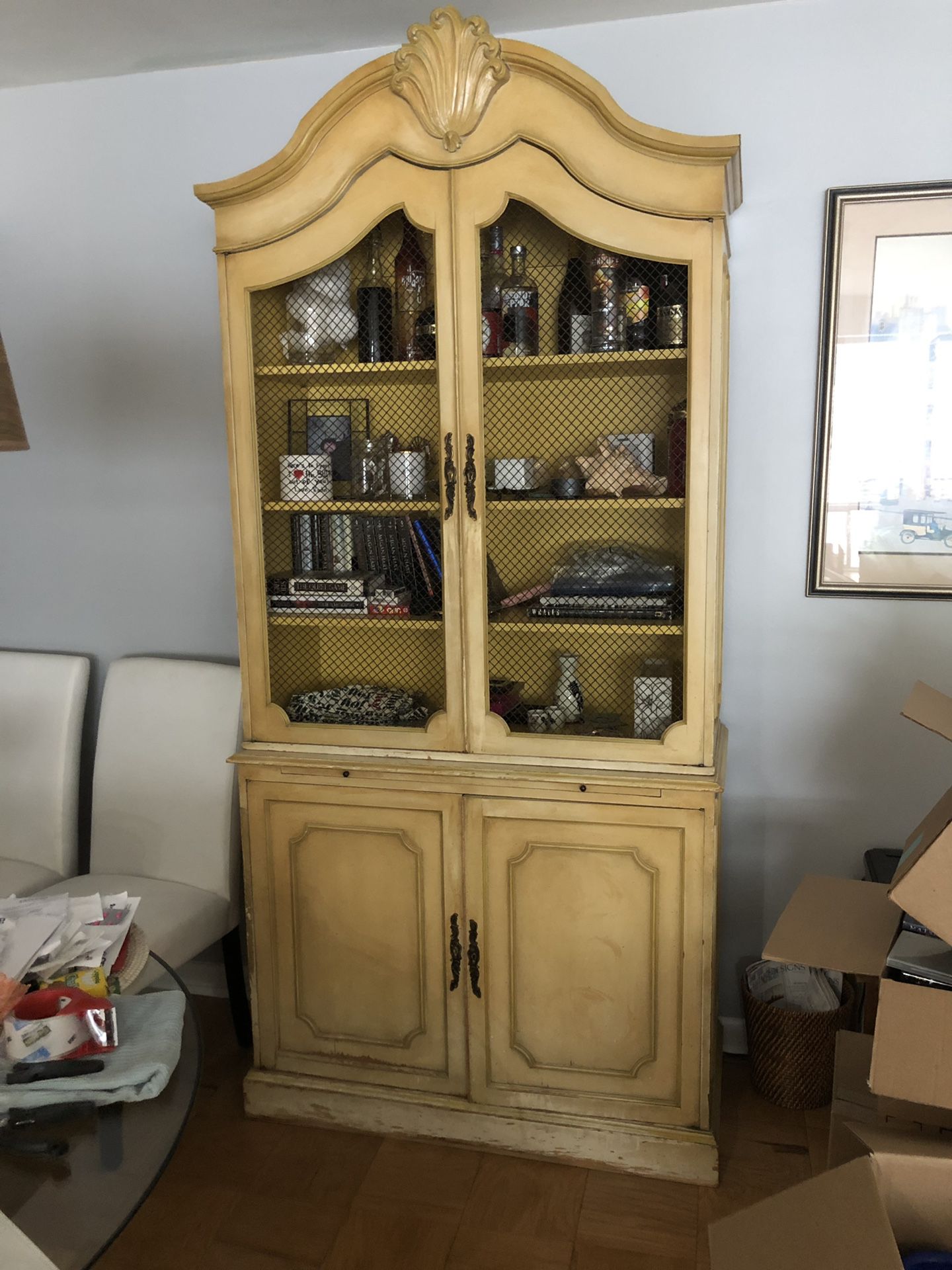Antique Solid Wood Framed Two Piece Display Cabinet