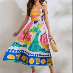 Women's Bohemian Graffiti Print Maxi Dress with Thin Straps