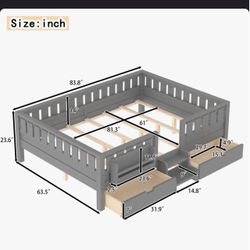 Gray Wood Floor Bed Frame with Storage Drawers